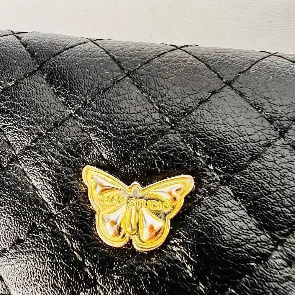 MAX STUDIO Black Gold Butterfly  Snap Trifold Wallet Quilted Design NWOT NICE B4